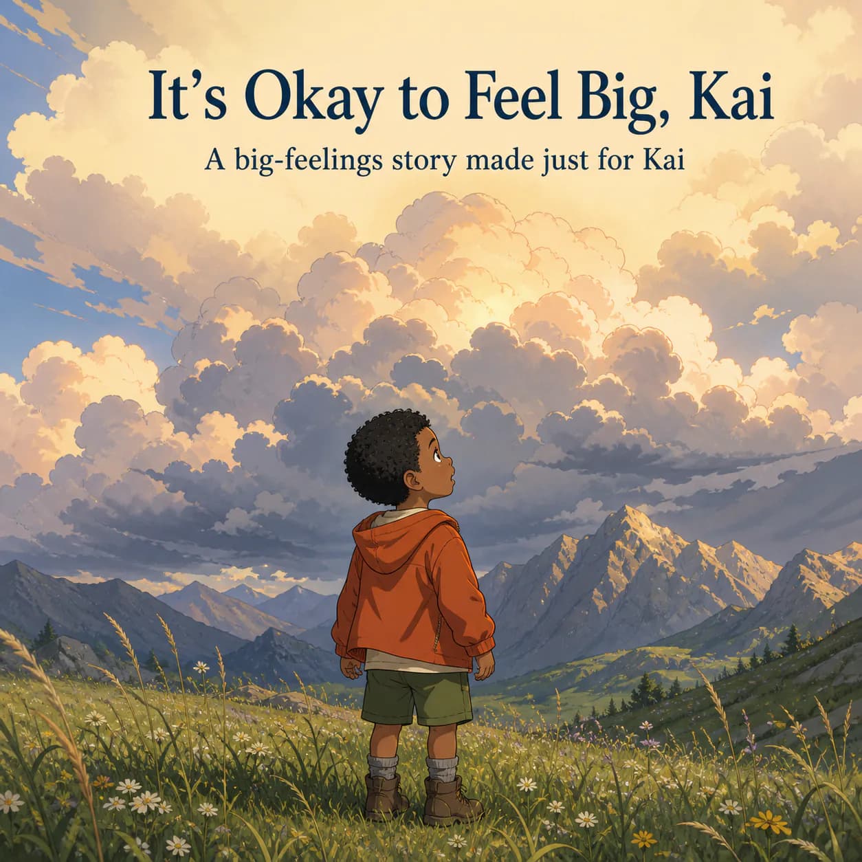 Personalized book cover for It's Okay to Feel Big, Kai in Anime illustration style