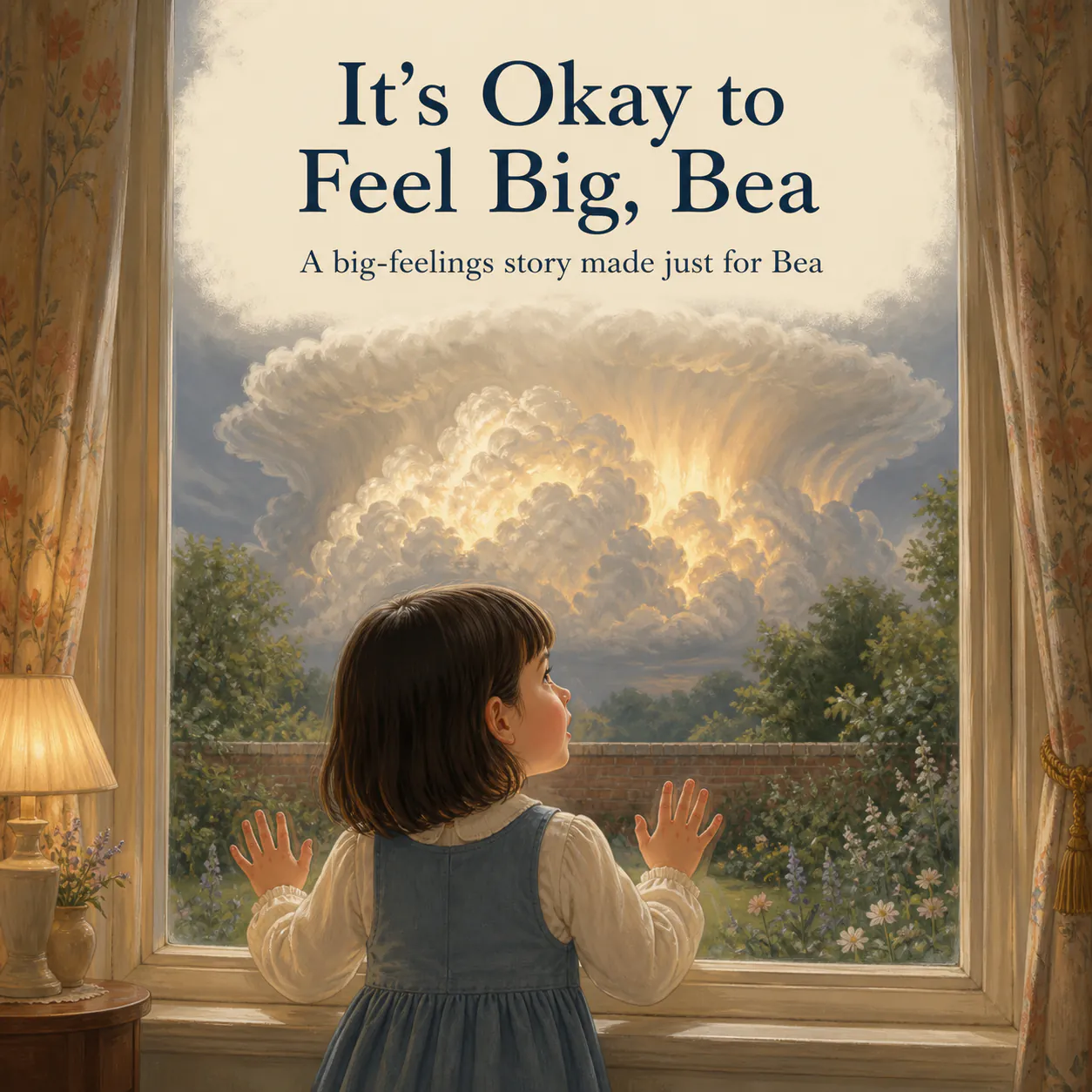 Personalized book cover for It's Okay to Feel Big, Bea in Classic Storybook illustration style