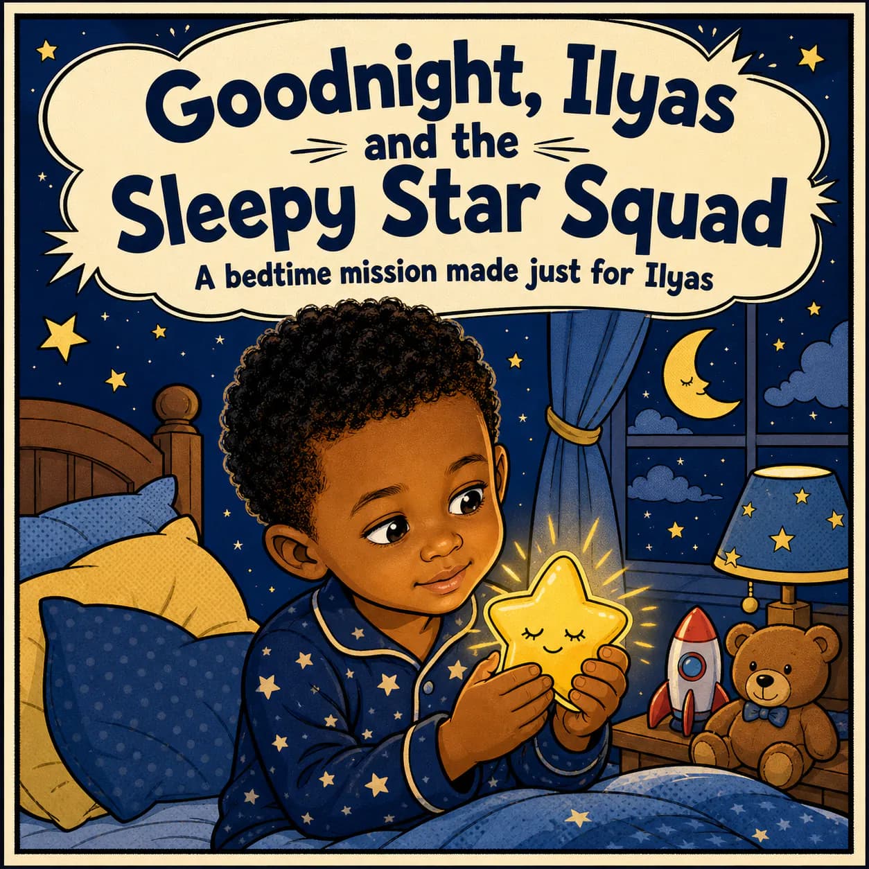 Personalized book cover for Goodnight, Ilyas and the Sleepy Star Squad in Comic illustration style