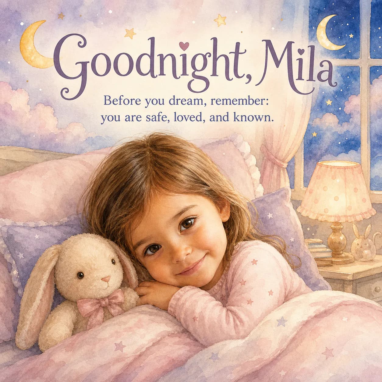 Goodnight, Mila personalized bedtime children's book in watercolor style