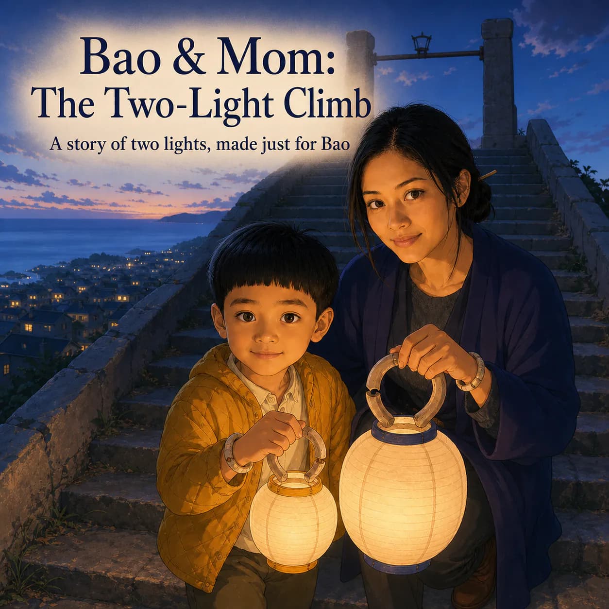 Personalized children's book cover for Bao & Mom: The Two-Light Climb in Anime style