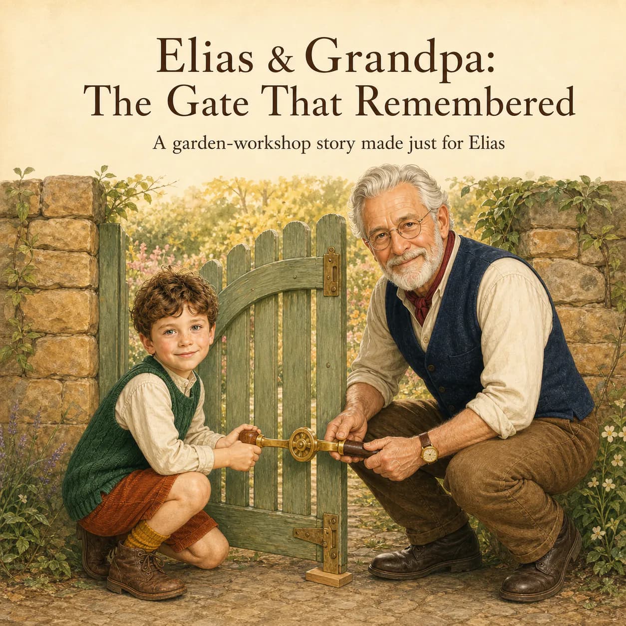 Personalized children's book cover for Elias & Grandpa: The Gate That Remembered in Classic Storybook style