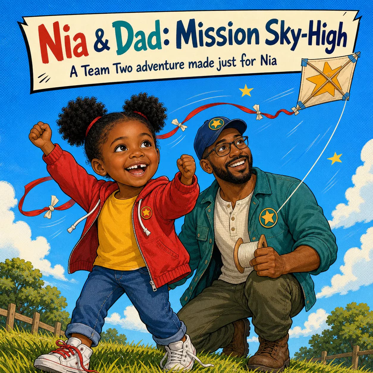 Personalized children's book cover for Nia & Dad: Mission Sky-High in Comic style