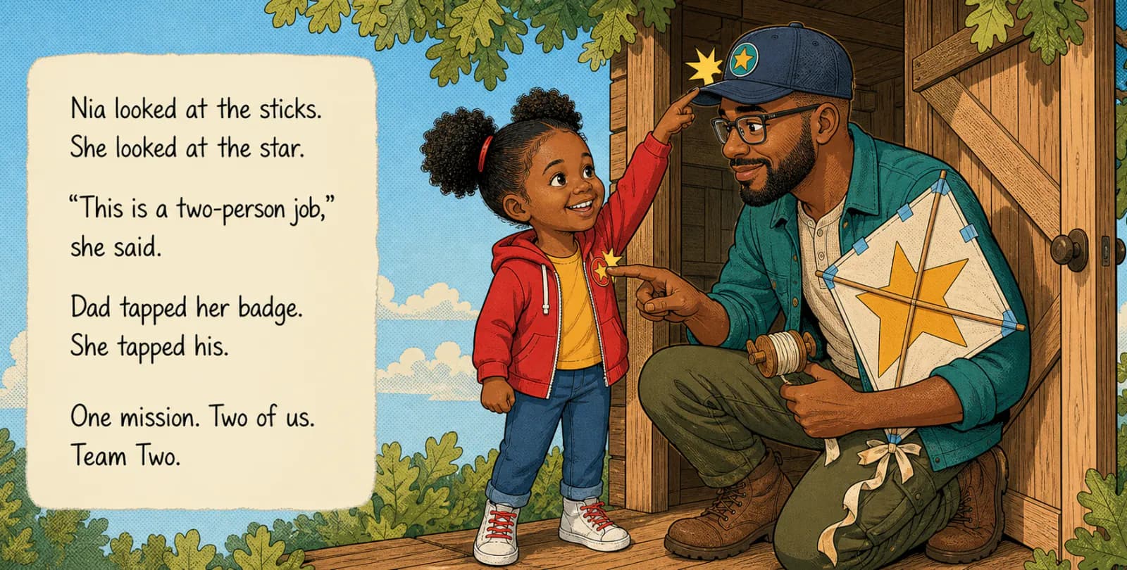 Personalized duo storybook spread illustrating The crew is named from The Team-Up