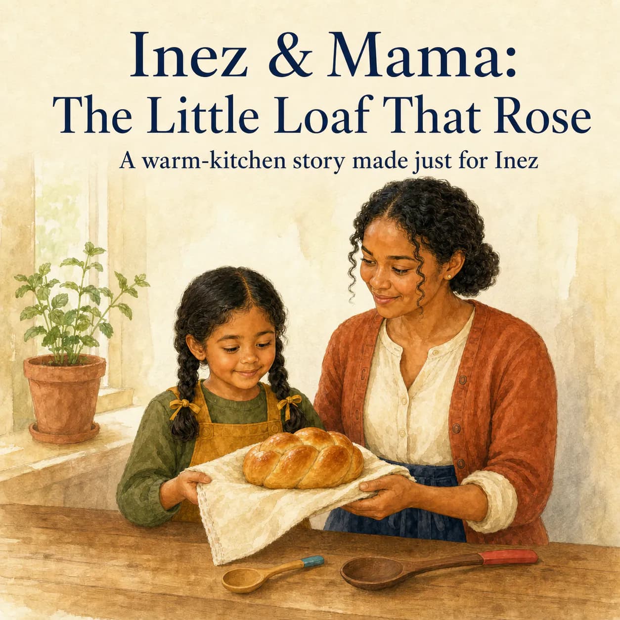 Personalized children's book cover for Inez & Mama: The Little Loaf That Rose in Watercolor style