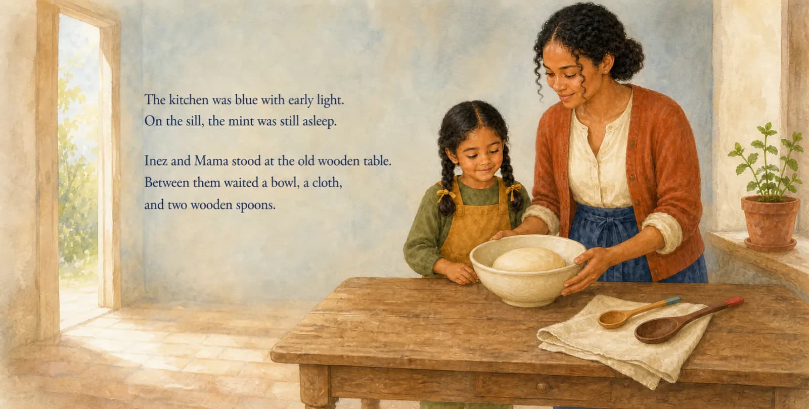 Personalized storybook inside spread 1 from Inez & Mama: The Little Loaf That Rose