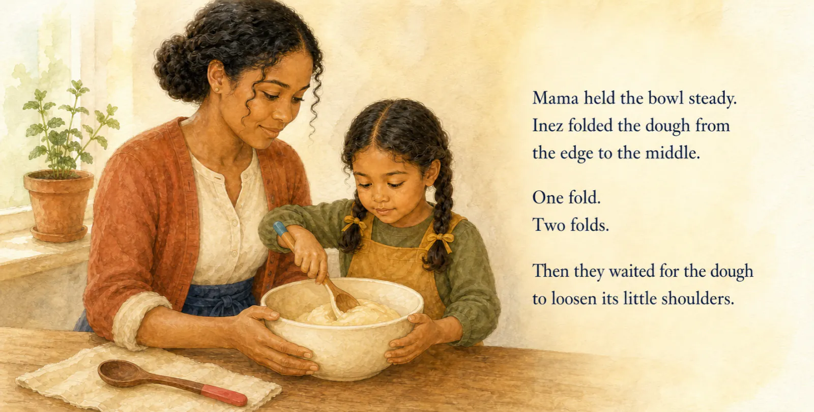 Personalized storybook inside spread 4 from Inez & Mama: The Little Loaf That Rose