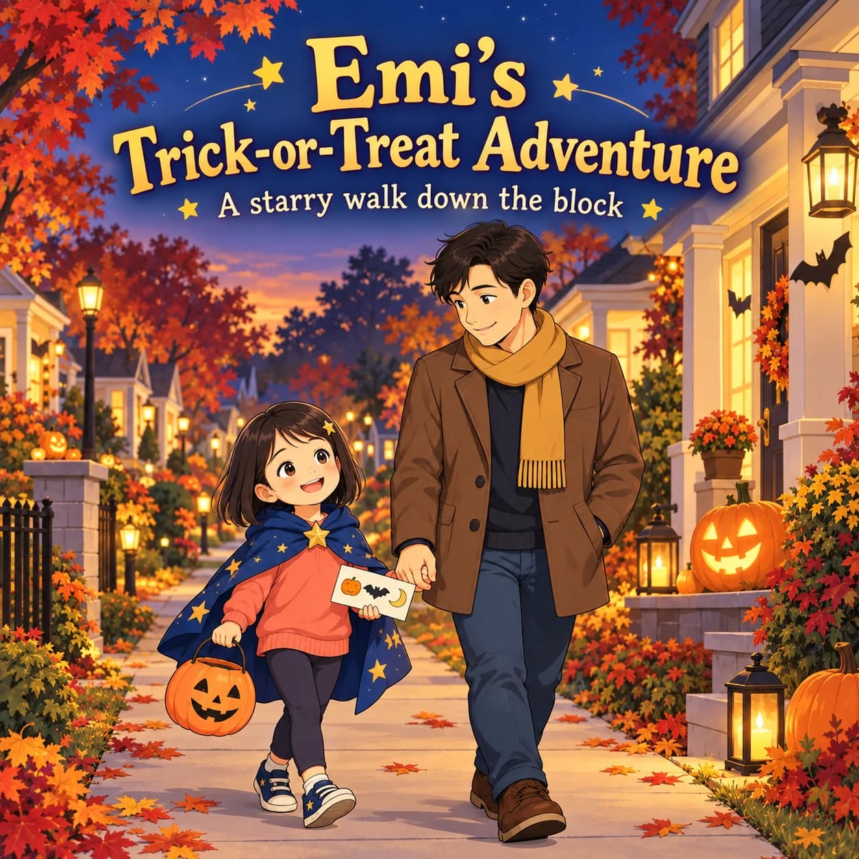 Personalized book cover for Emi’s Trick-or-Treat Adventure in Anime illustration style