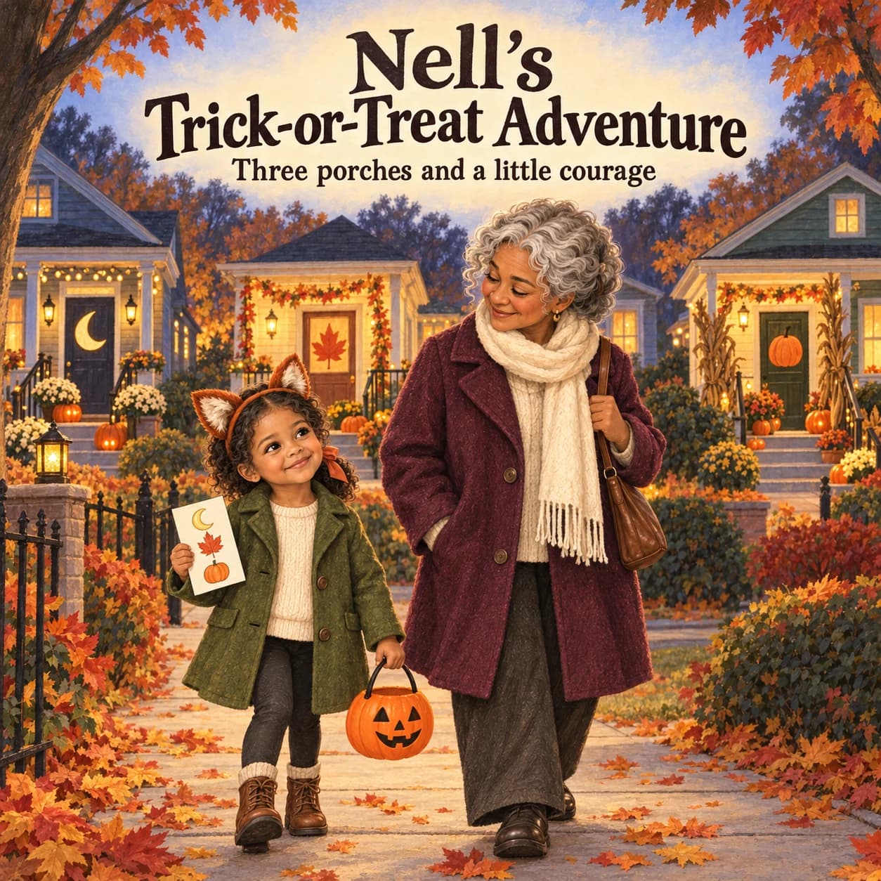 Personalized book cover for Nell’s Trick-or-Treat Adventure in Classic Storybook illustration style