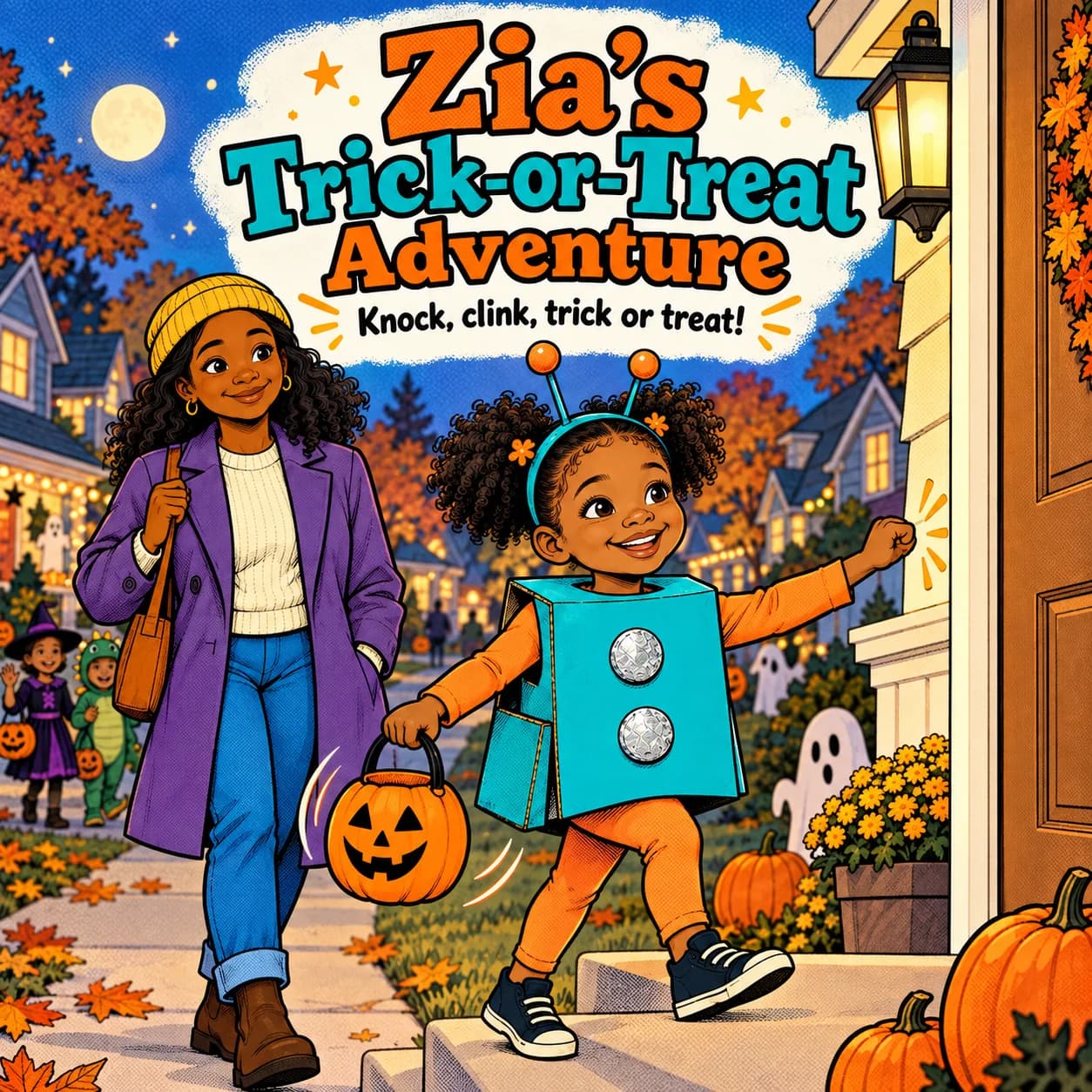 Personalized book cover for Zia’s Trick-or-Treat Adventure in Comic illustration style