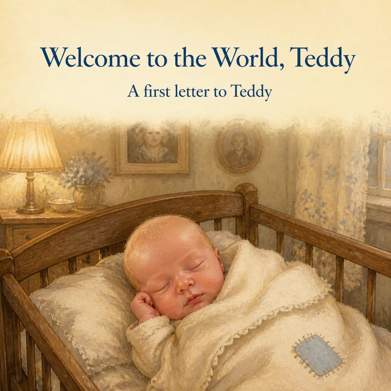 Personalized book cover for Welcome to the World, Teddy in Classic Storybook illustration style