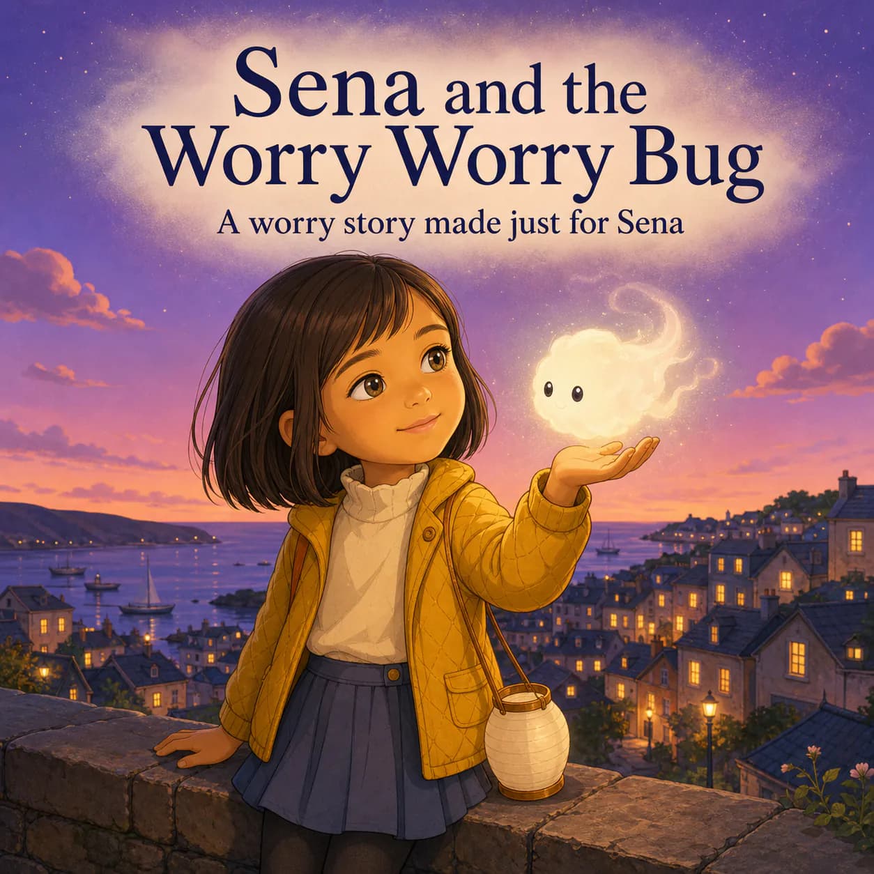 Personalized book cover for Sena and the Worry Worry Bug in Anime illustration style