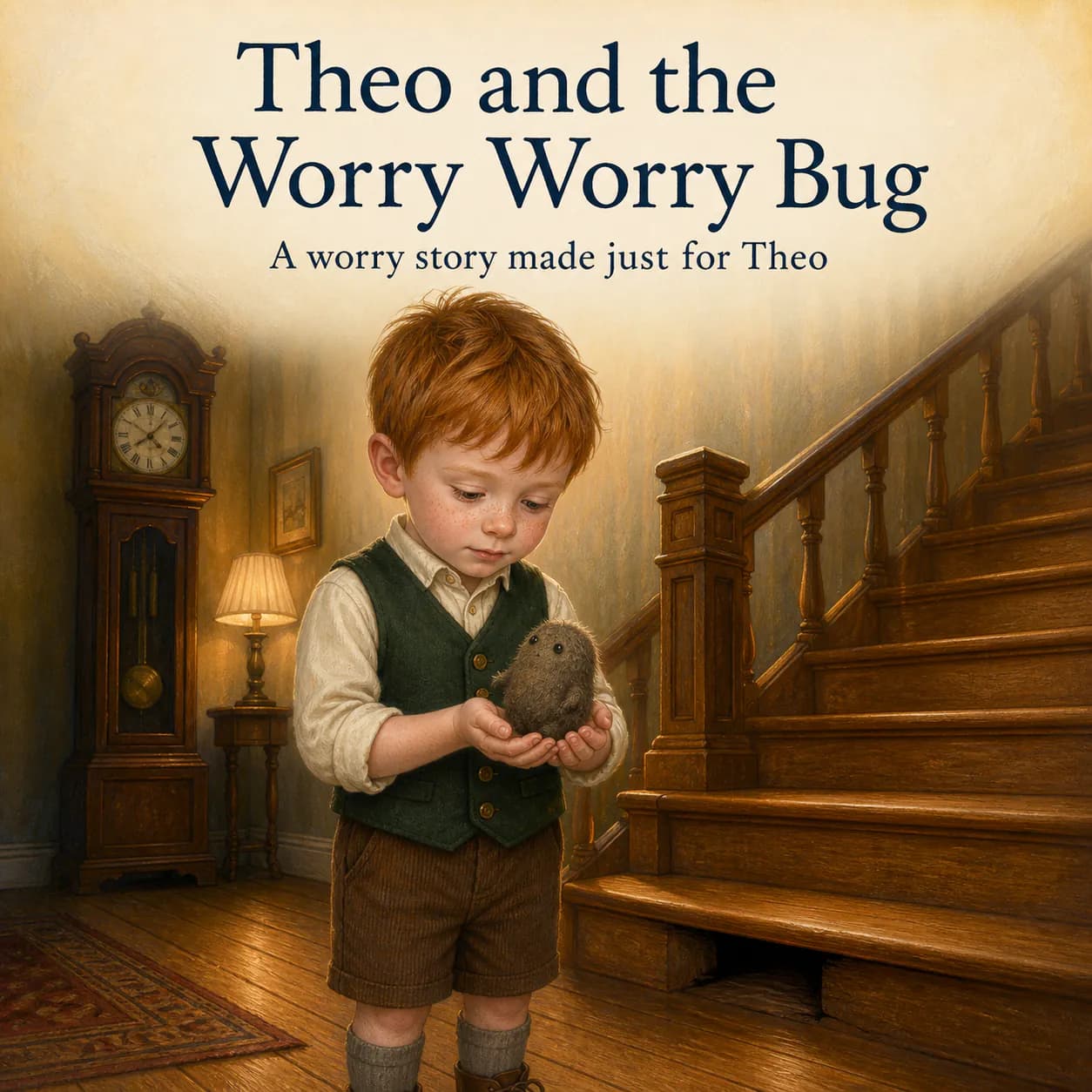 Personalized book cover for Theo and the Worry Worry Bug in Classic Storybook illustration style
