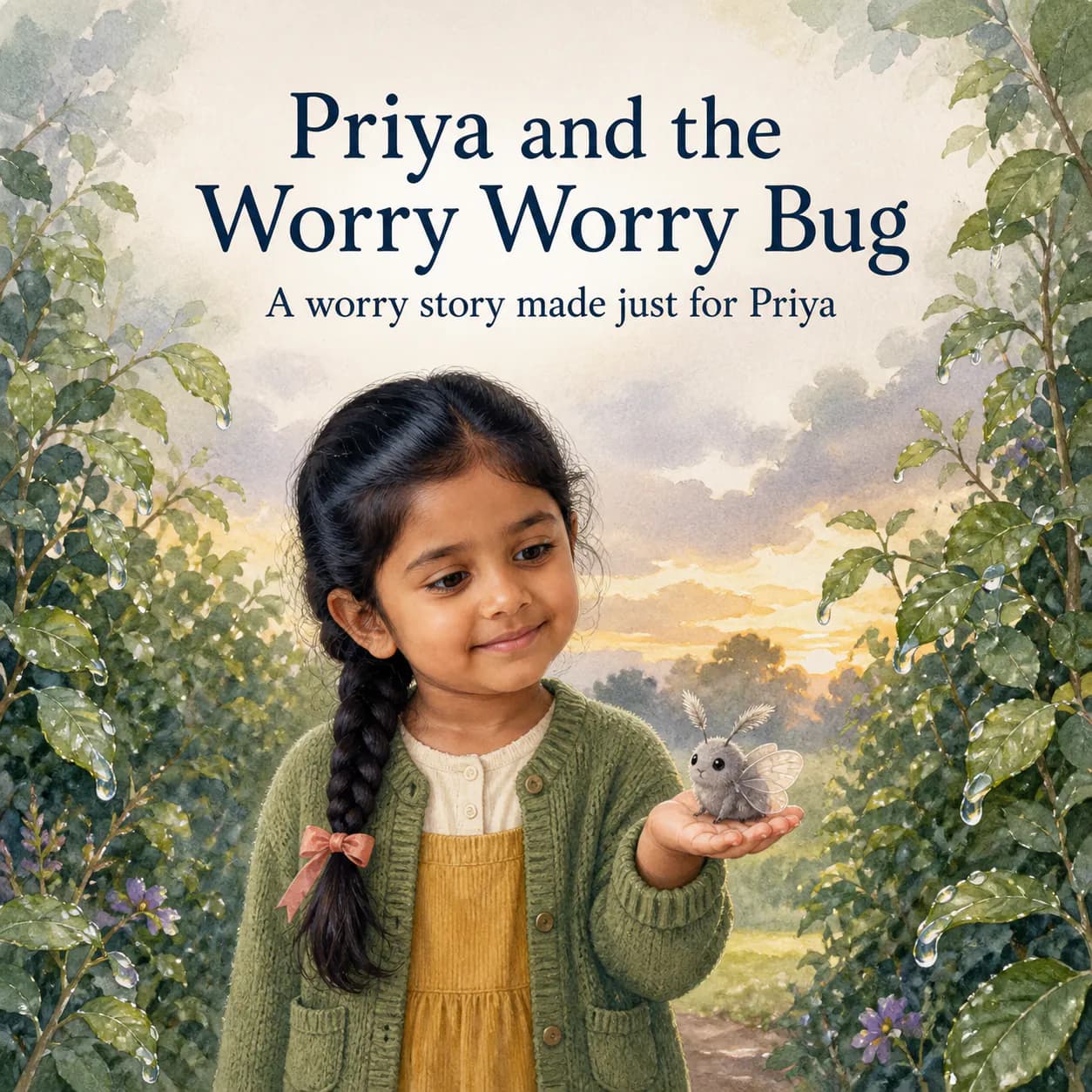 Personalized hardcover book cover for Priya and the Worry Worry Bug