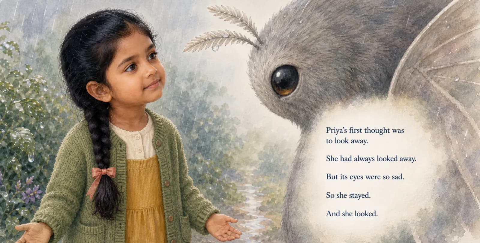 Personalized storybook inside spread 4 from Priya and the Worry Worry Bug