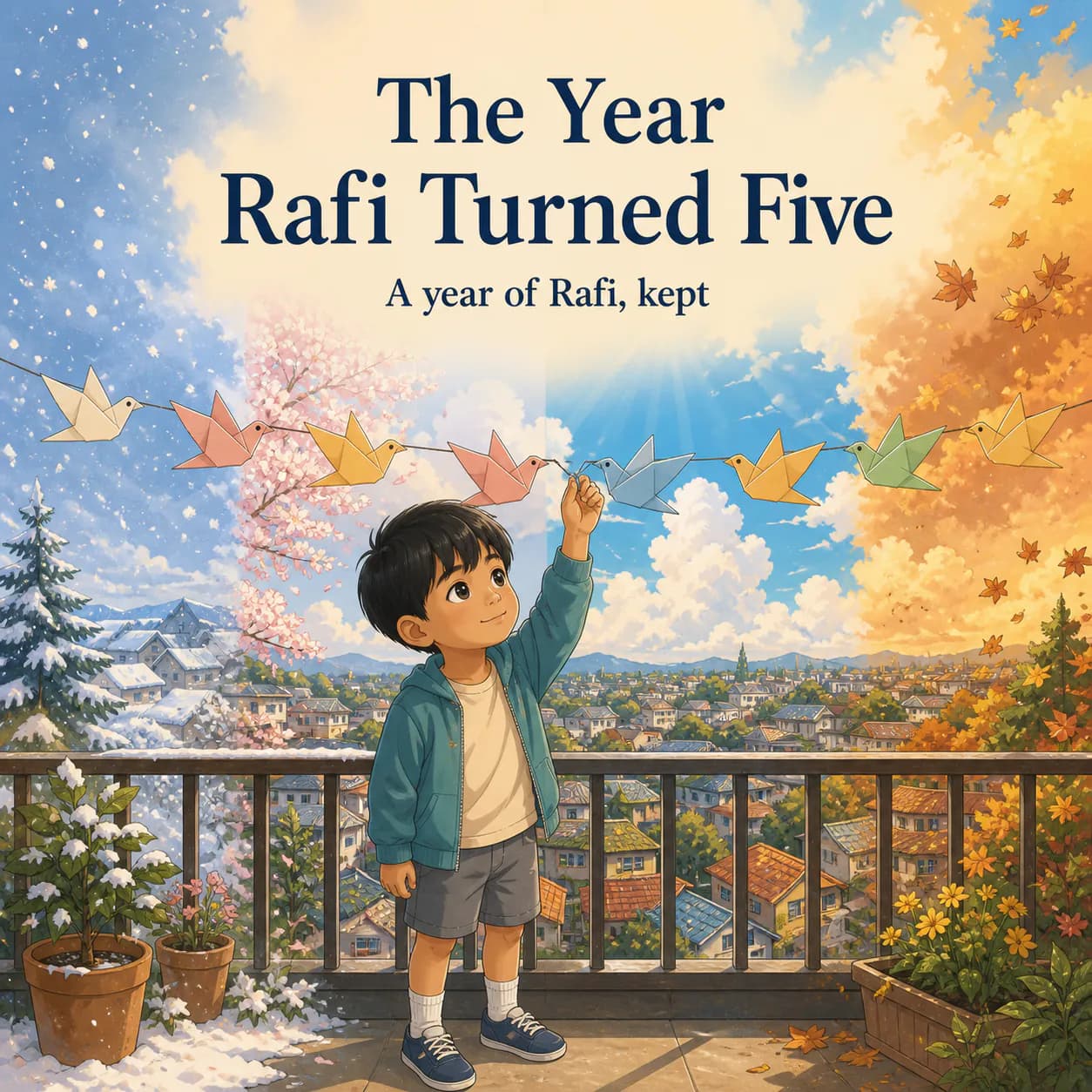 Personalized book cover for The Year Rafi Turned Five in Anime illustration style