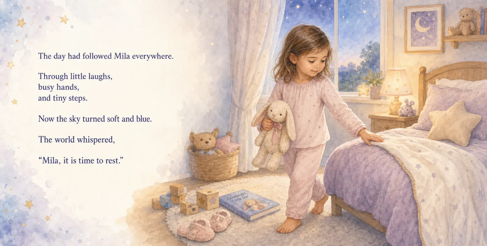 Personalized storybook inside spread 1 from Goodnight, Mila