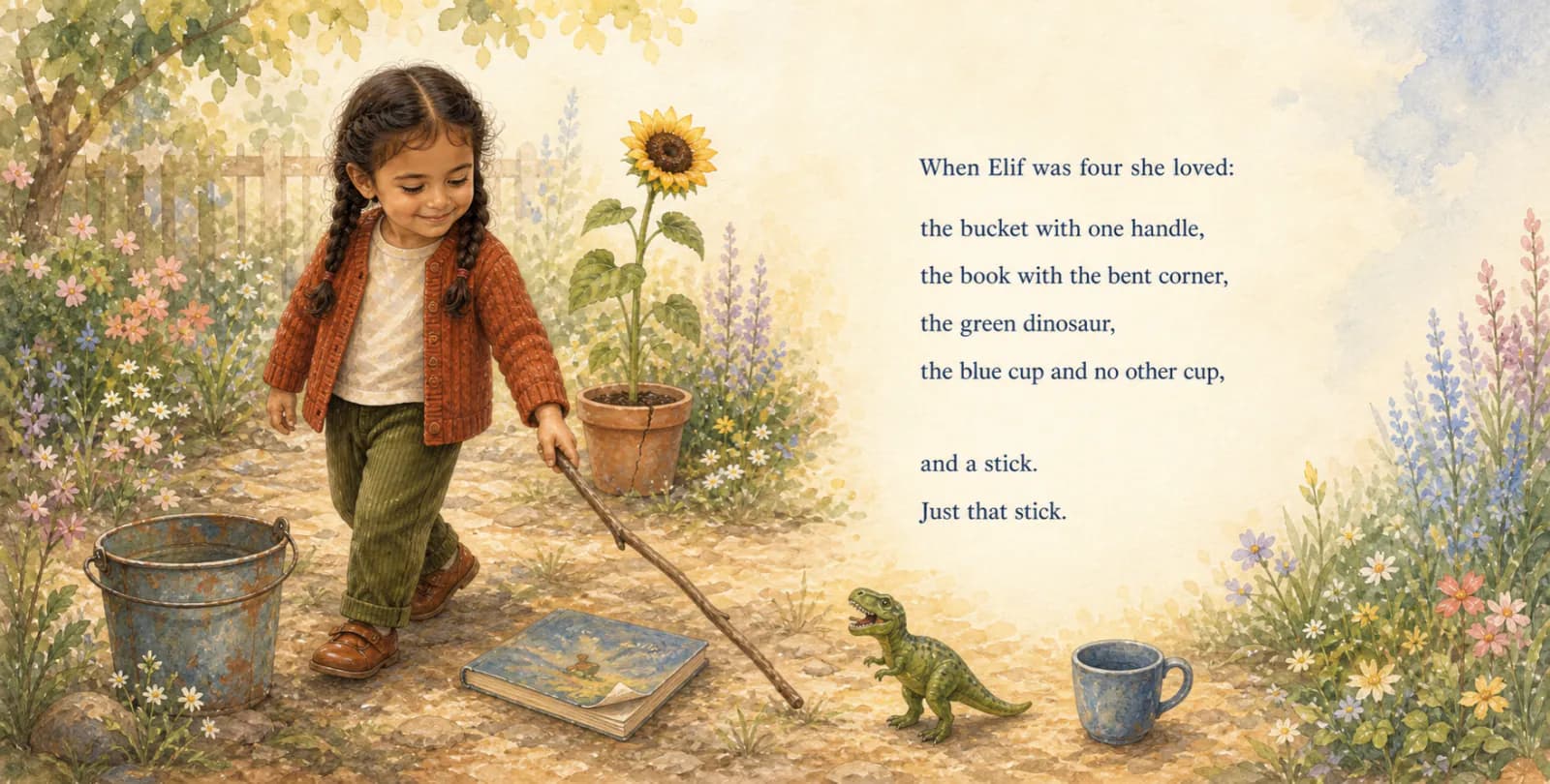 Personalized birthday storybook spread illustrating The oddly specific things in watercolor style
