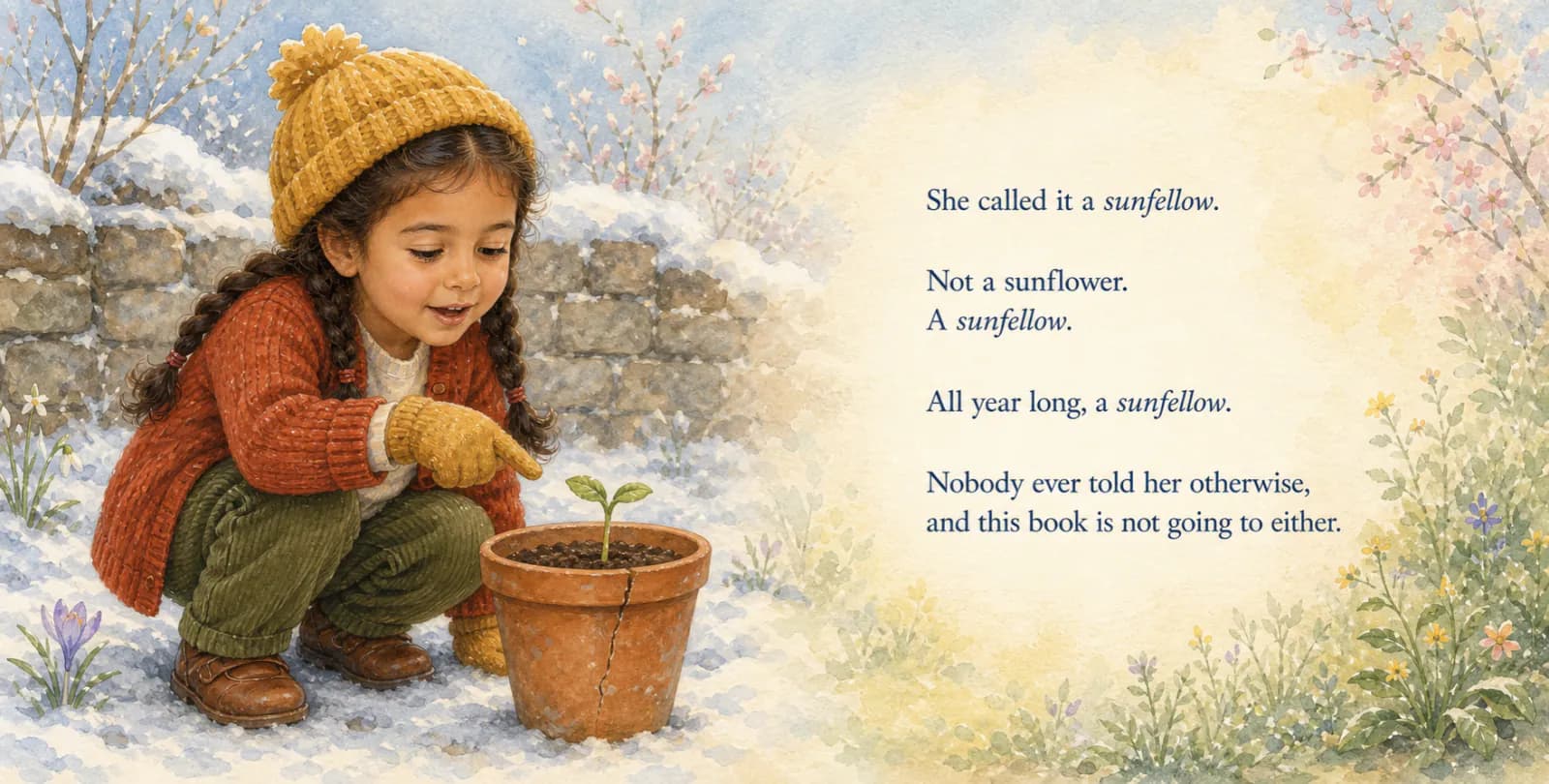 Personalized birthday storybook spread illustrating The word nobody corrected in watercolor style