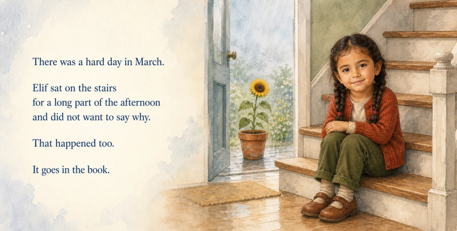 Personalized birthday storybook spread illustrating The hard day belongs too in watercolor style