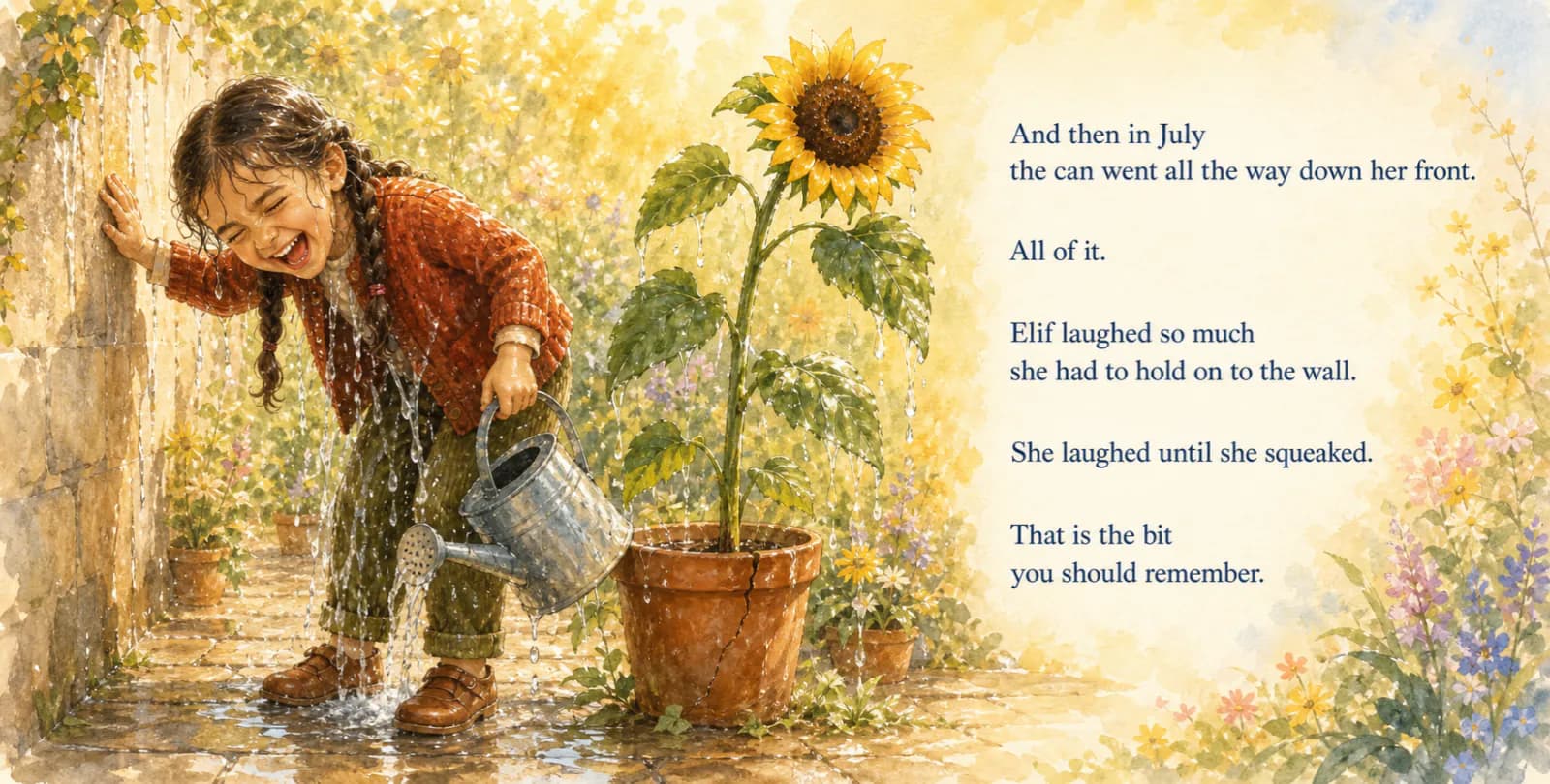 Personalized birthday storybook spread illustrating The laugh to remember in watercolor style